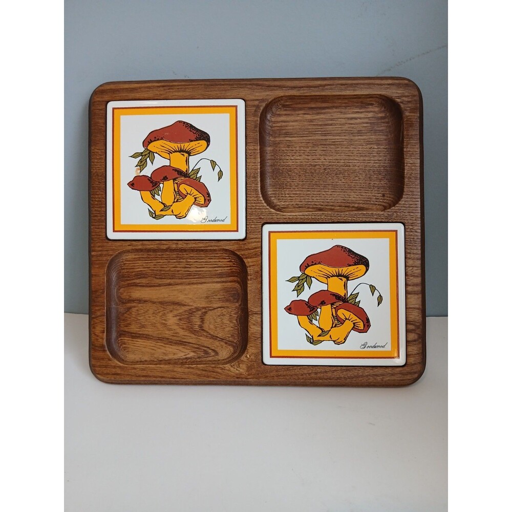 Vtg 1970 Goodwood Mushroom Charcuterie  Cheese Board Teak Wood  Tray Tile